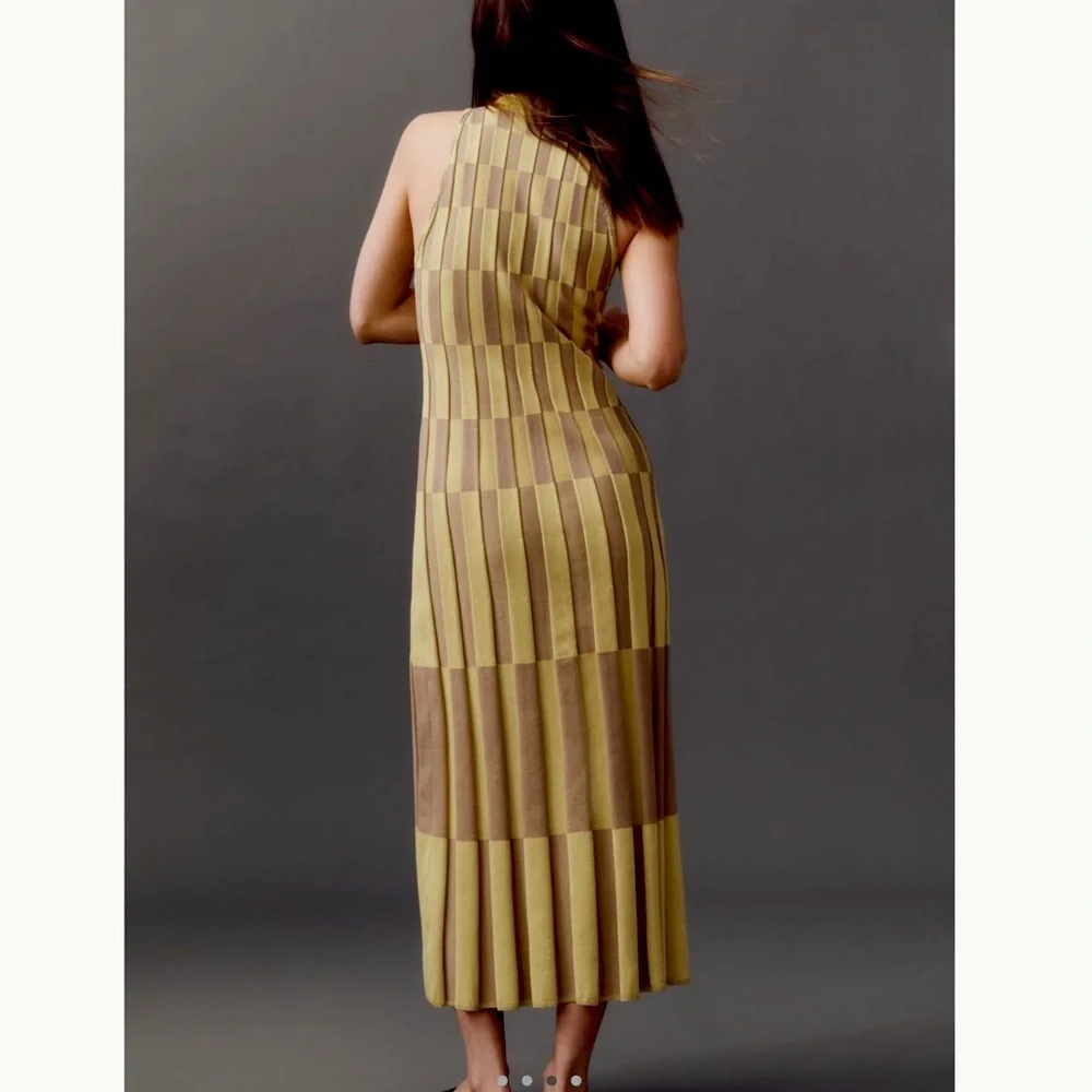 Anthropologie Sleeveless Mock-Neck Column Sleeveless Midi Dress Yellow Brown New